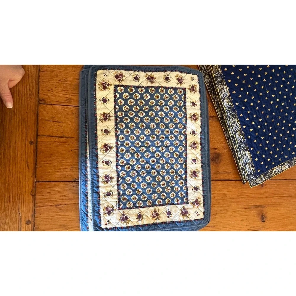 French Quilted Cotton Placemats Blue Floral Made in France Set of 8